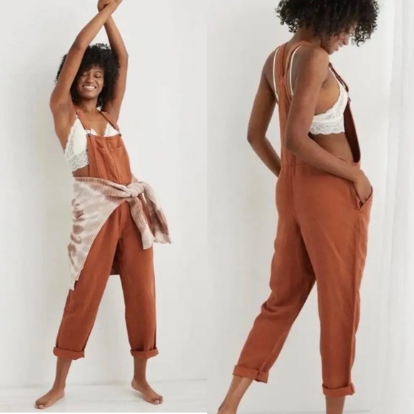 aerie Pants - Aerie Twill Overall Jumpsuit Utility Jupiter Brown Rust Orange Linen Pockets med